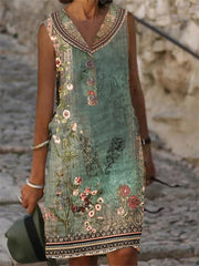 Women's Casual Dress Ethnic Dress Tank Dress Floral Tribal Button Print Shirt Collar Mini Dress Vintage Ethnic Daily Vacation Sleeveless Regular Fit Green Summer Spring