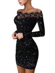 Women‘s Party Dress Wedding Guest Dress Lace Dress Bodycon Black Long Sleeve Pure Color Lace Fall Spring Off Shoulder Party Winter Dress Evening Party  S M L XL XXL