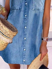 Women's Denim Mini Dress - V-Neck, Short Sleeve with Pockets for Summer