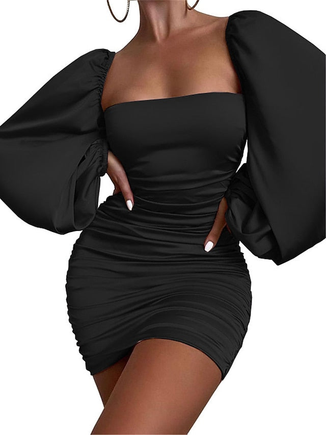 Women's Party Dress Satin Dress Sheath Dress Mini Dress Black Purple Apricot Long Sleeve Pure Color Ruched Winter Fall Spring Square Neck Fashion Party Spring Dress Slim