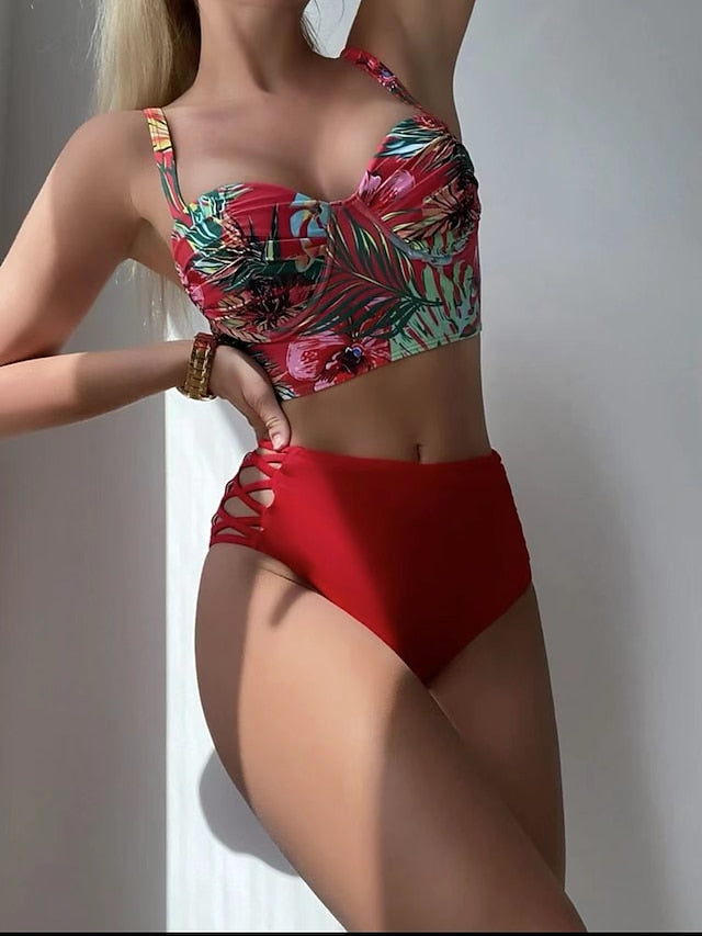 Women's Swimwear Bikini Normal Swimsuit 2 Piece Printing Floral Yellow Red Blue Bathing Suits Sports Beach Wear Summer