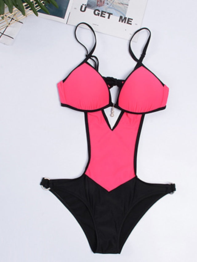 Women's Sexy One Piece Monokini Swimsuit, Open Back, Color Block, Vacation Fashion