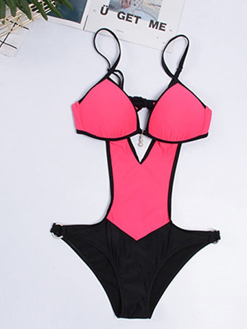 Women's Swimwear One Piece Monokini trikini Normal Swimsuit Open Back Cut Out Splice Hole Color Block White Pink Red Blue Fuchsia Strap Bathing Suits Sexy Vacation Fashion