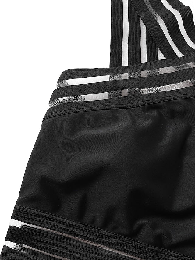 Women's Swimwear One Piece Monokini Normal Swimsuit Tummy Control Slim Solid Color Striped Black Bathing Suits Sports Sports Basic