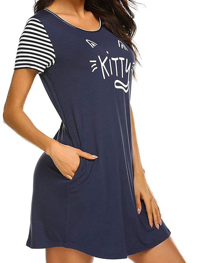 Women's Pajamas Nightgown Nighty Pjs Letter Stripe Fashion Simple Comfort Home Daily Bed Polyester Breathable Gift Crew Neck Short Sleeve Spring Summer Navy Blue, Print