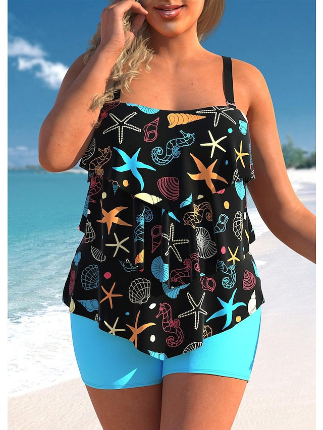 Women's Swimwear Tankini 2 Piece Normal Swimsuit 2 Piece Printing Graphic Black Blue Tank Top High Neck Bathing Suits Sports Beach Wear Summer