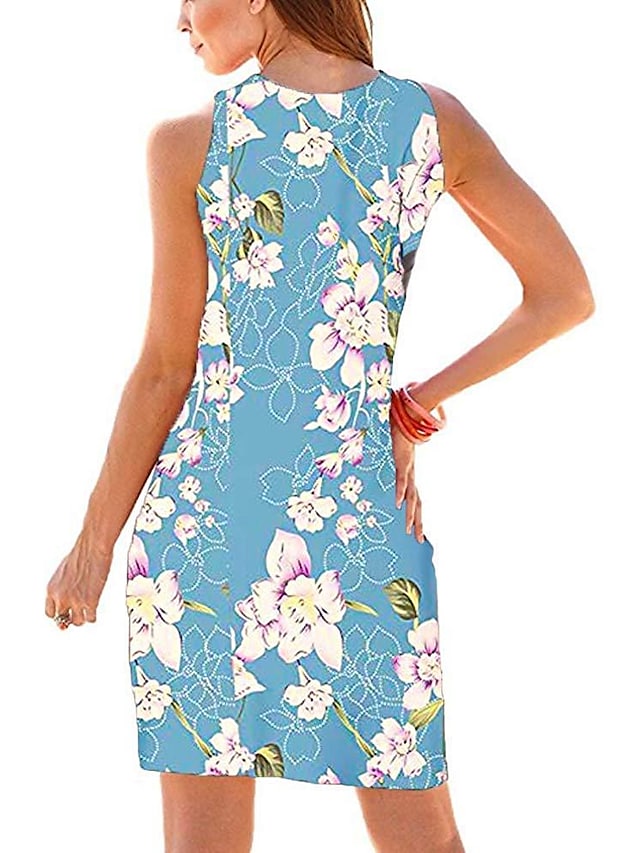 Women‘s Sleeveless Print Lily Element U Neck Casual Holiday Dresses