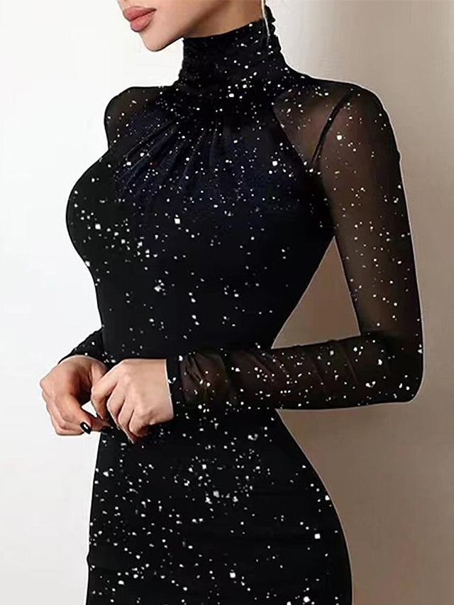 Women‘s Party Dress Wedding Guest Dress Sequin Dress Holiday Dress Mini Dress Black Long Sleeve Pure Color Sequins Winter Fall Spring Turtleneck Fashion Party Winter Dress Birthday