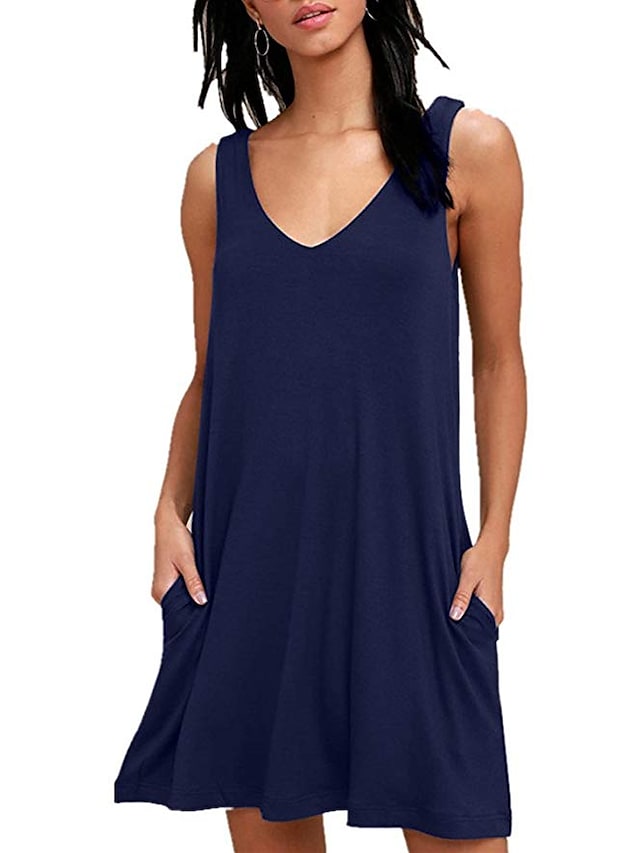 Fashion Sleeveless Pure Color Beach Wear Loose Fit Dress With Pocket For Womens