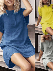 Women's Pajamas Nightgown Nighty Pjs Pure Color Comfort Home Daily Going out Linen Crew Neck Short Sleeve Pocket Spring Summer Yellow Blue