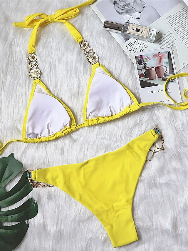 Women's Swimwear Bikini 2 Piece Normal Swimsuit Glitter Solid Color White Black Blue Purple Yellow Plunge Bathing Suits Sexy Vacation Fashion / New / Padded Bras