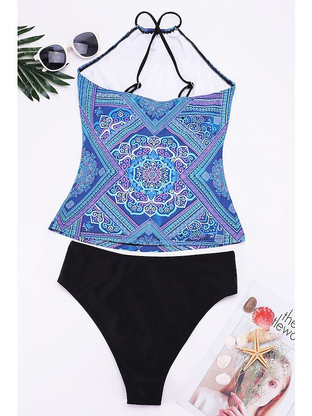 Women's Swimwear Tankini Beach Top Normal Swimsuit Modest Swimwear Open Back Print Cross Color Block Tribal Blue Halter Blouse Strap Bathing Suits New Party Vacation / Fashion / Stripe / Padded Bras