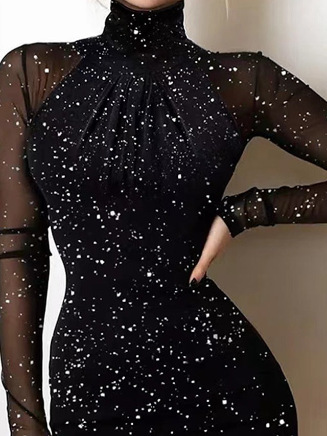 Women‘s Party Dress Wedding Guest Dress Sequin Dress Holiday Dress Mini Dress Black Long Sleeve Pure Color Sequins Winter Fall Spring Turtleneck Fashion Party Winter Dress Birthday