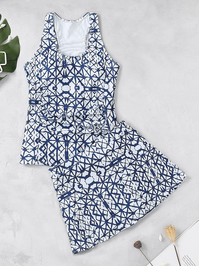 Women's Swimwear Tankini Swim Dress Normal Swimsuit 3-Piece Modest Swimwear Open Back Slim Printing Blue Scoop Neck Bathing Suits Sports Vacation Party