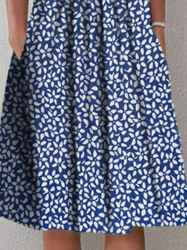 Women's Casual Dress Midi Dress Blue Short Sleeve Floral Ruched Spring Summer Crew Neck Basic Print Dresses