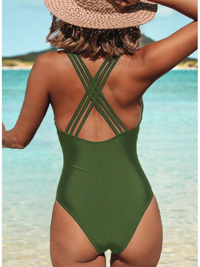 Women's Swimwear One Piece Monokini Bathing Suits Normal Swimsuit Tummy Control Open Back Slim Camo Green Plunge Bathing Suits Sports Basic Casual / Sexy / Vacation / New / Padded Bras
