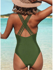 Women's Swimwear One Piece Monokini Bathing Suits Normal Swimsuit Tummy Control Open Back Slim Camo Green Plunge Bathing Suits Sports Basic Casual / Sexy / Vacation / New / Padded Bras