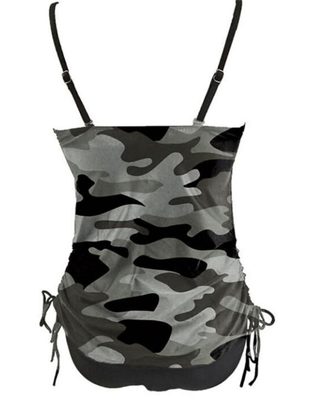 Women's Swimwear Tankini 2 Piece Normal Swimsuit 2 Piece Open Back Printing Camo Camouflage Black Padded V Wire Bathing Suits New Casual Vacation / Modern / Spa / Strap / Padded Bras / Strap