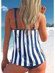 Women's Swimwear Tankini 2 Piece Plus Size Swimsuit 2 Piece Graphic Striped Blue Green Tank Top High Neck Bathing Suits Sports Summer