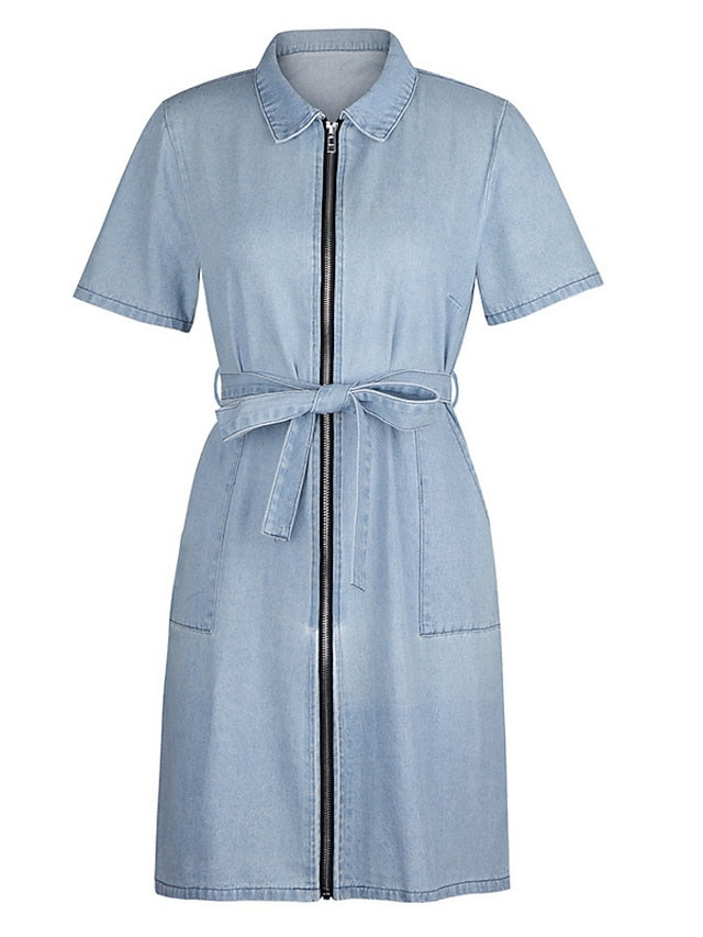 Women's Denim Mini Dress - Casual Short Sleeve with Zipper, Shirt Collar for Summer