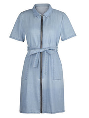 Women's Denim Mini Dress - Casual Short Sleeve with Zipper, Shirt Collar for Summer