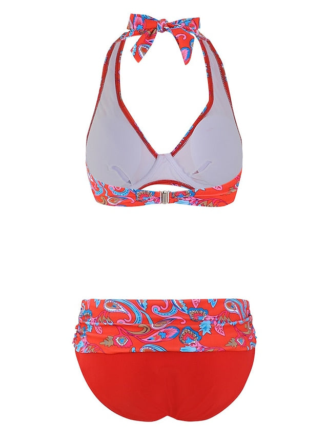 Women's Swimwear Bikini 2 Piece Normal Swimsuit Backless Printing Floral Red Underwire Halter Padded V Wire Bathing Suits New Vacation Sexy / Cute / Padded Bras