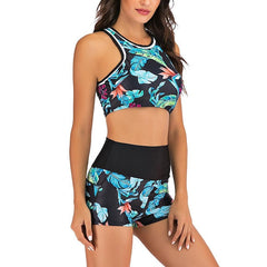 Women's Swimwear Bikini 2 Piece Normal Swimsuit Slim Print Blue leaves Bathing Suits Sports Active Vacation