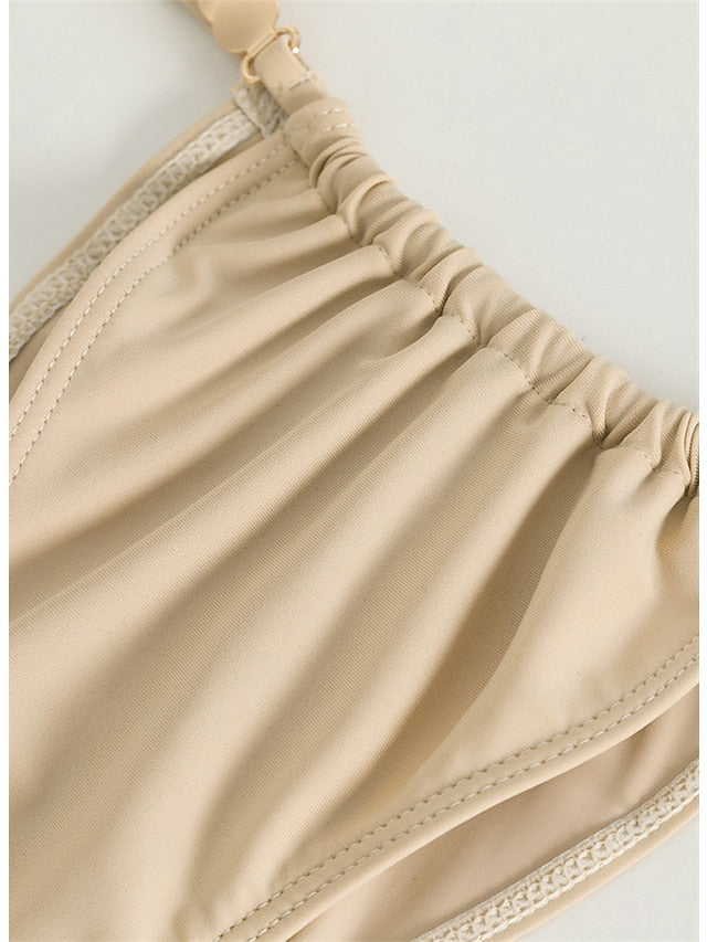 Women's Swimwear Bikini 2 Piece Normal Swimsuit Backless 2 Piece string Pure Color Beige Halter V Wire Bathing Suits New Vacation Fashion
