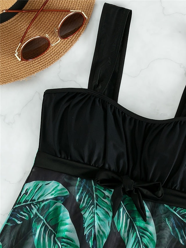 Women's Swimwear Tankini 2 Piece Normal Swimsuit Open Back Printing Trees / Leaves Green Camisole Strap Bathing Suits New Vacation Fashion / Modern / Padded Bras