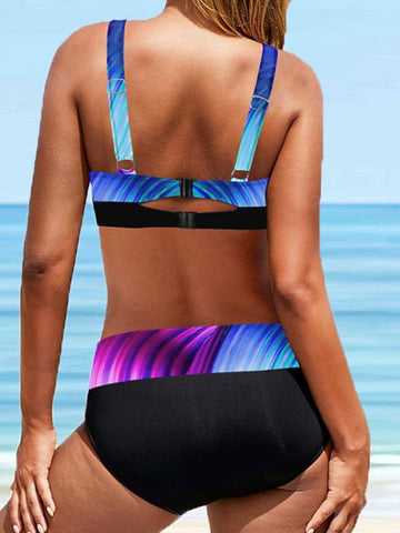 Women's Swimwear Bikini 2 Piece Plus Size Swimsuit Backless Printing High Waisted Geometic Stripes / Ripples Black Purple V Wire Bathing Suits New Stylish Vacation / Sexy / Padded Bras