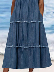 Women's Casual Denim Midi Dress with Ruffle Sleeves and Button Detail