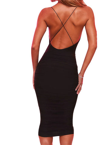Women's Party Dress Bodycon Sheath Dress Midi Dress Black Red Sleeveless Pure Color Ruched Summer Spring Spaghetti Strap Party Vacation Summer Dress Slim
