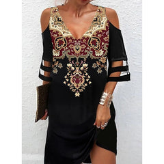 Women's Casual Dress Mini Dress Black 3/4 Length Sleeve Print Mesh Summer Spring V Neck Stylish