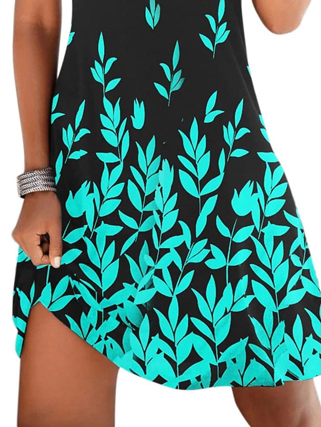 Women's Leaf Print Crew Neck Sleeveless Fit Dress