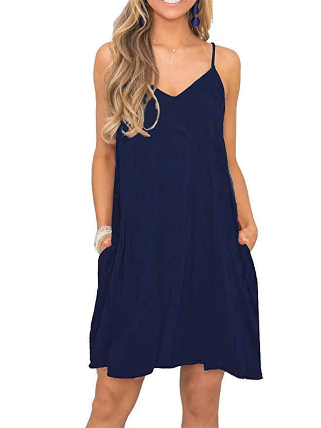 Women's Sleeveless Pure Color V Neck Stylish Loose Fit Pocket Dress