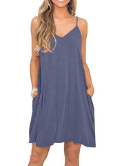 Women's Sleeveless Pure Color V Neck Stylish Loose Fit Pocket Dress