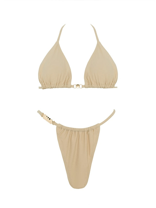 Women's Swimwear Bikini 2 Piece Normal Swimsuit Backless 2 Piece string Pure Color Beige Halter V Wire Bathing Suits New Vacation Fashion
