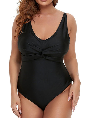 Women's Swimwear One Piece Monokini Bathing Suits Plus Size Swimsuit Tummy Control Ruched Open Back for Big Busts Pure Color Black Blue Wine Padded V Wire Bathing Suits New Vacation Sexy / Modern