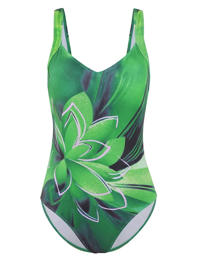 Women's Swimwear One Piece Normal Swimsuit Water Sports Tummy Control Open Back Print Striped Flower Blue Green V Wire Bathing Suits New Vacation Holiday