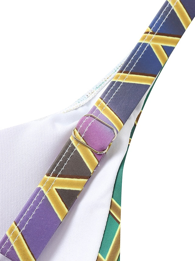 Women's High Waisted Plaid Tankini Swimsuit - Purple Padded V Wire Bathing Suit for Vacation