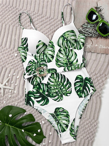 Women's Swimwear One Piece Monokini Bathing Suits Normal Swimsuit Tummy Control Open Back Printing High Waisted Leaves Green Red Strap Bathing Suits Sexy Vacation Fashion / Modern / New