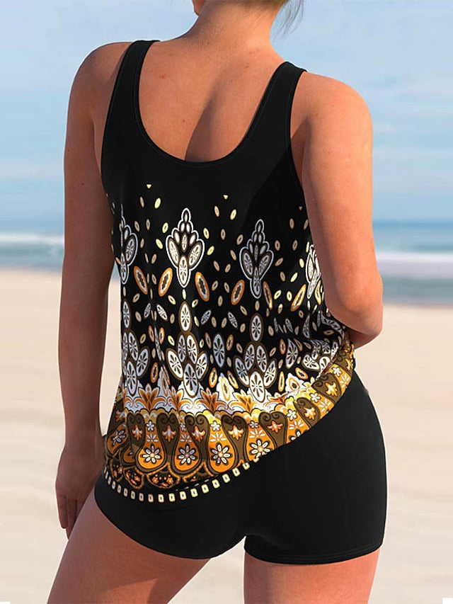 Women's Swimwear Tankini 2 Piece Plus Size Swimsuit Open Back Printing for Big Busts Geometic Yellow Camisole Strap Bathing Suits New Vacation Fashion / Modern / Padded Bras