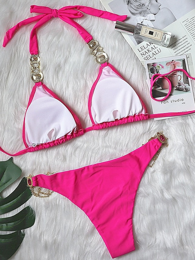 Women's Swimwear Bikini 2 Piece Normal Swimsuit Glitter Solid Color White Black Blue Purple Yellow Plunge Bathing Suits Sexy Vacation Fashion / New / Padded Bras