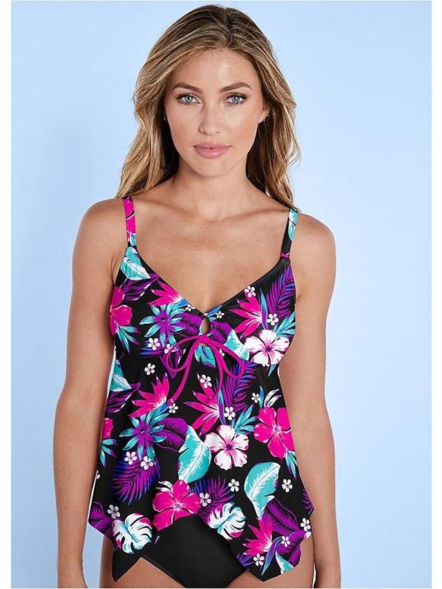 Women's Swimwear Tankini Beach Top Normal Swimsuit Modest Swimwear Hollow Out Tie Knot Open Back Print Floral Color Block Purple Blouse T shirt Tee Strap Bathing Suits New Party Vacation / Sexy