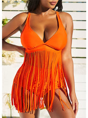 Women's Swimwear Tankini 2 Piece Normal Swimsuit Tassel Open Back Pure Color Blue Fuchsia Orange Black Tunic V Wire Bathing Suits New Vacation Fashion / Modern / Padded Bras