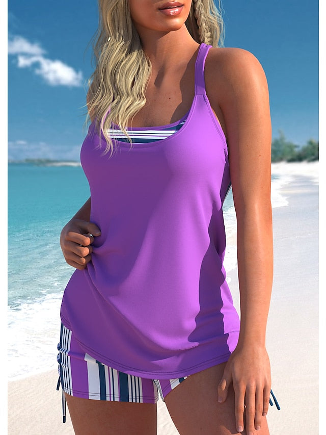 Women's Swimwear Tankini 2 Piece Normal Swimsuit 2 Piece Printing Striped Purple Bathing Suits Sports Beach Wear Summer