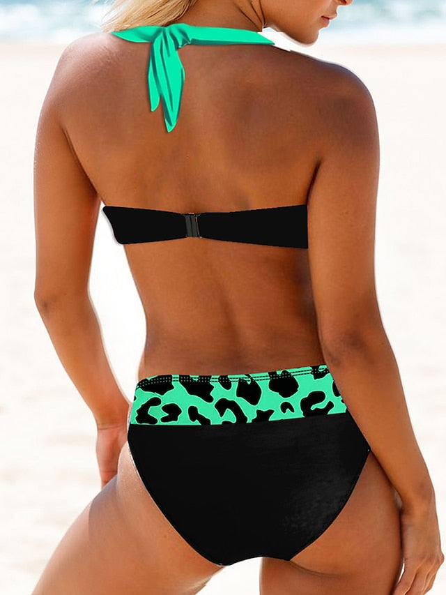 Women's Swimwear Bikini Plus Size Swimsuit 2 Piece Printing Leopard Gradient Color Black Yellow Blue Green Bandeau Bathing Suits Sports Summer