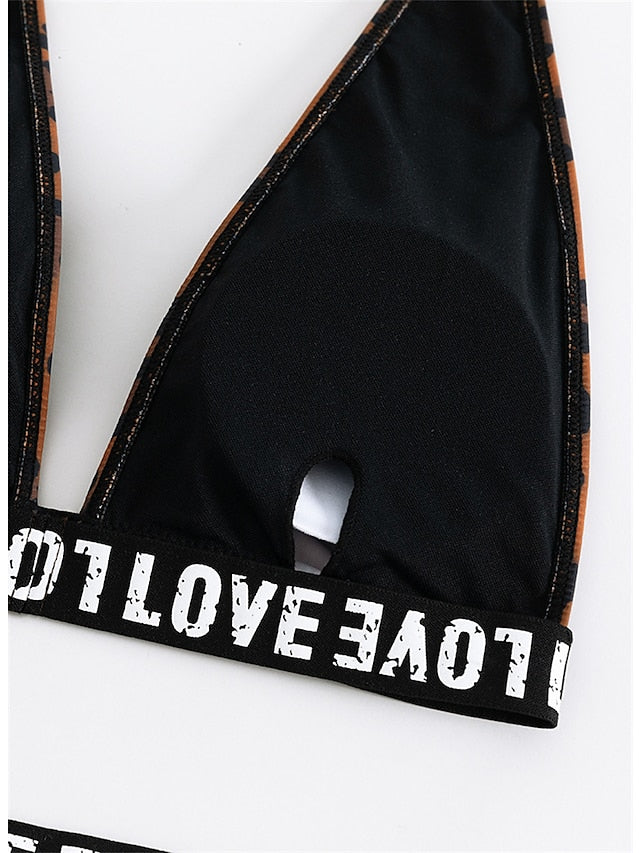 Women's Swimwear Bikini 2 Piece Normal Swimsuit Backless Printing Leopard Letter Brown Halter V Wire Bathing Suits New Vacation Fashion