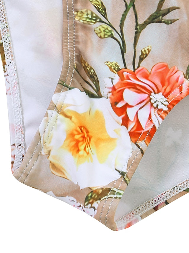 Women's Swimwear Tankini 2 Piece Normal Swimsuit High Waisted Trees / Leaves Floral Print Khaki Padded V Wire Bathing Suits Sports Vacation Sexy / Strap / New / Strap