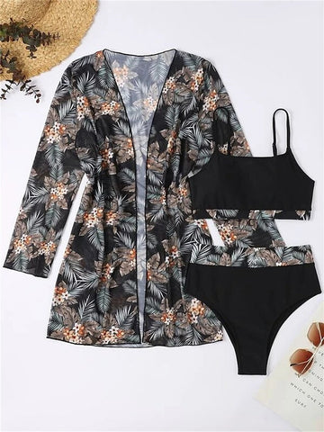 Women's Swimwear Bikini Three Piece Normal Swimsuit UV Protection Printing High Waisted Leaves Black Strap Bathing Suits New Vacation Sexy